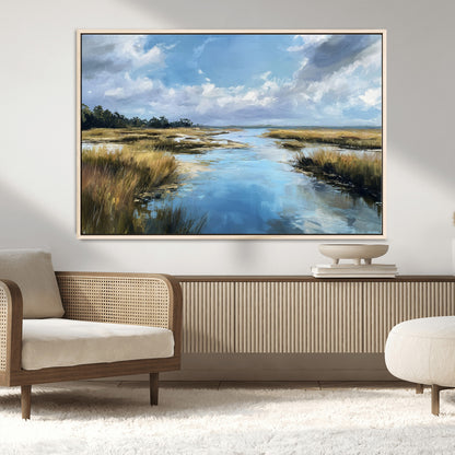 A beautiful, painterly landscape of a calm river winding through a marsh, with vibrant green grasses and a bright blue sky filled with fluffy clouds.