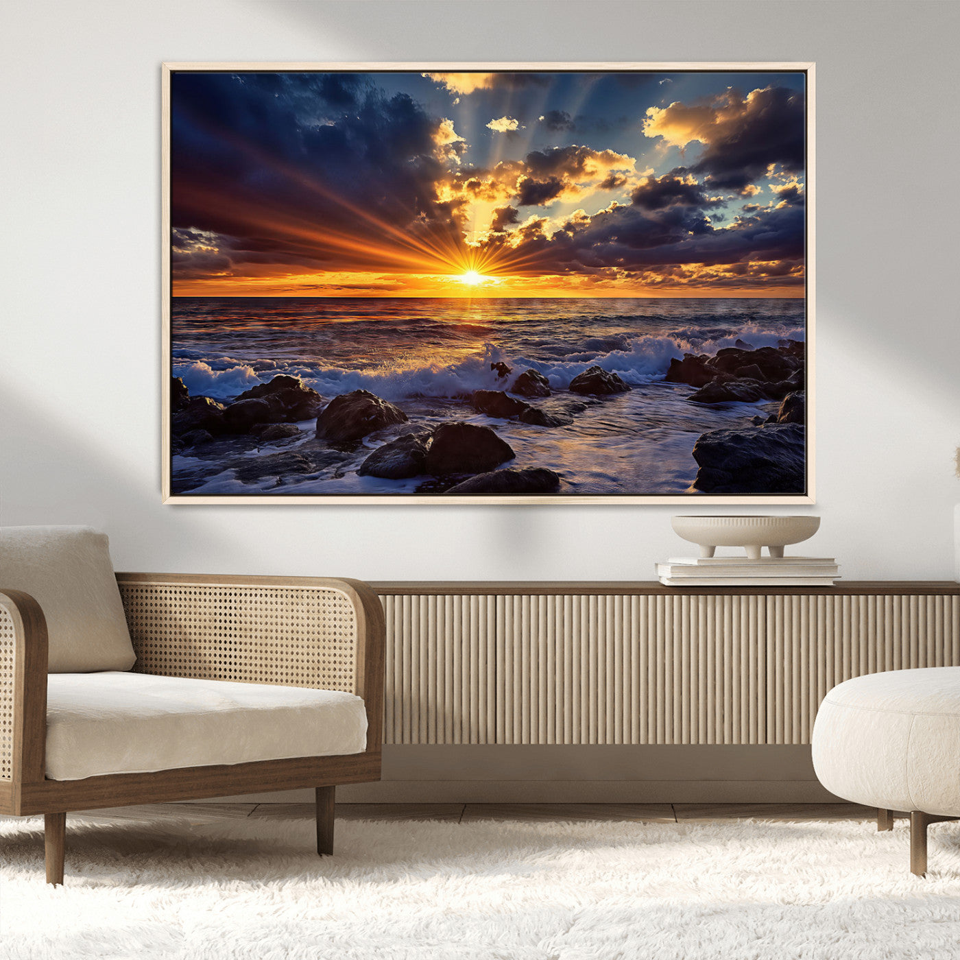 An explosive sunset over the ocean with dramatic clouds and rays of sunlight reflecting off the water, creating a vibrant and captivating view.