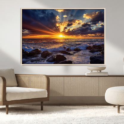 An explosive sunset over the ocean with dramatic clouds and rays of sunlight reflecting off the water, creating a vibrant and captivating view.