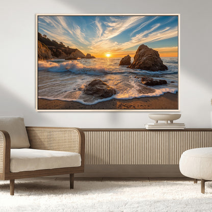 Rocky Ocean Sunset Wall Art Print, Seaside Canvas Wall Art, Dramatic Seascape Canvas Print for Coastal Modern Decor, Ocean Sunset Art Printing