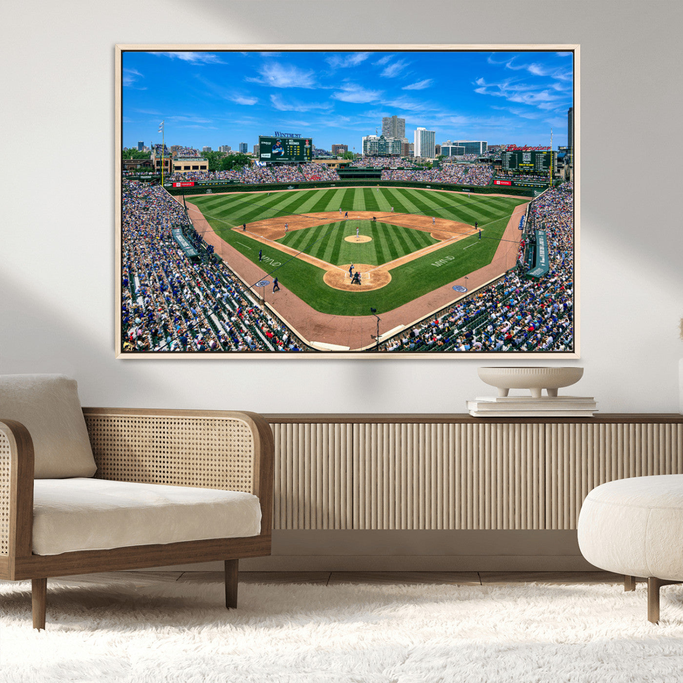 Wrigley Field Baseball Stadium Canvas Wall Art, Packed Crowd Sports Stadium Print, City Skyline Baseball Field Canvas for Game Room Decor