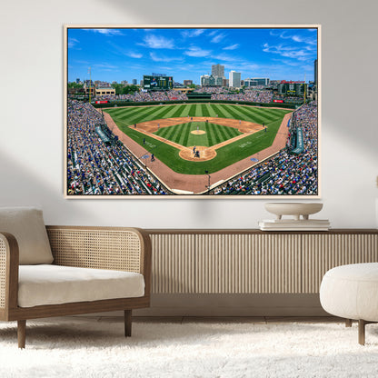 Wrigley Field Baseball Stadium Canvas Wall Art, Packed Crowd Sports Stadium Print, City Skyline Baseball Field Canvas for Game Room Decor