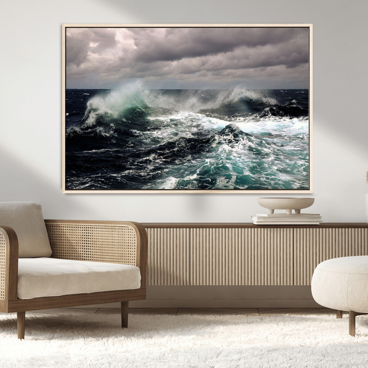 Powerful ocean waves crashing under stormy skies, creating a dynamic and intense seascape.