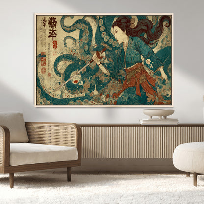 Tsukioka Yoshitoshi Samurai Wall Art Print, Japanese Katana Warrior Canvas Wall Art, Octopus Sea Monster Canvas Print,