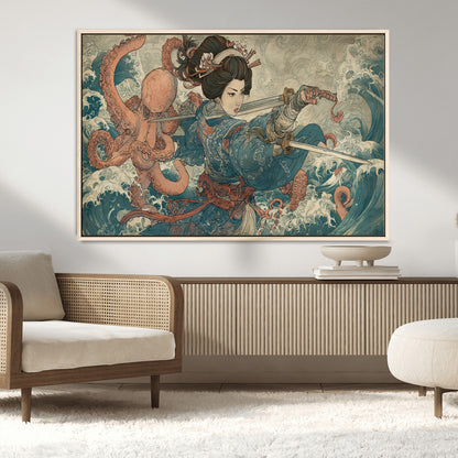 Tsukioka Yoshitoshi Samurai Wall Art Print, Japanese Katana Warrior Canvas Wall Art, Octopus Sea Monster Canvas Print,