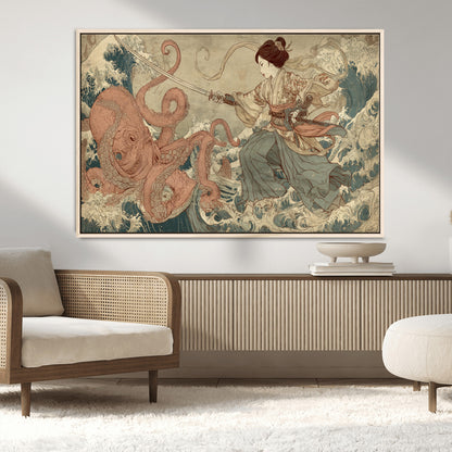 Tsukioka Yoshitoshi Samurai Wall Art Print, Japanese Katana Warrior Canvas Wall Art, Octopus Sea Monster Canvas Print,