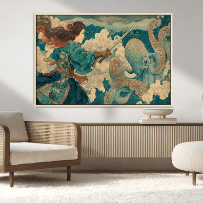 Tsukioka Yoshitoshi Samurai Wall Art Print, Japanese Katana Warrior Canvas Wall Art, Octopus Sea Monster Canvas Print,
