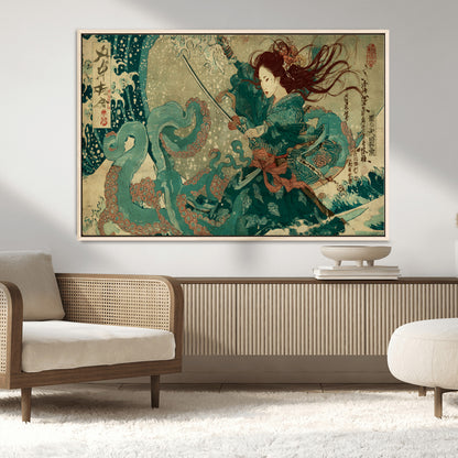 Tsukioka Yoshitoshi Samurai Wall Art Print, Japanese Katana Warrior Canvas Wall Art, Octopus Sea Monster Canvas Print,