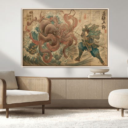 Tsukioka Yoshitoshi Samurai Wall Art Print, Japanese Katana Warrior Canvas Wall Art, Octopus Sea Monster Canvas Print,