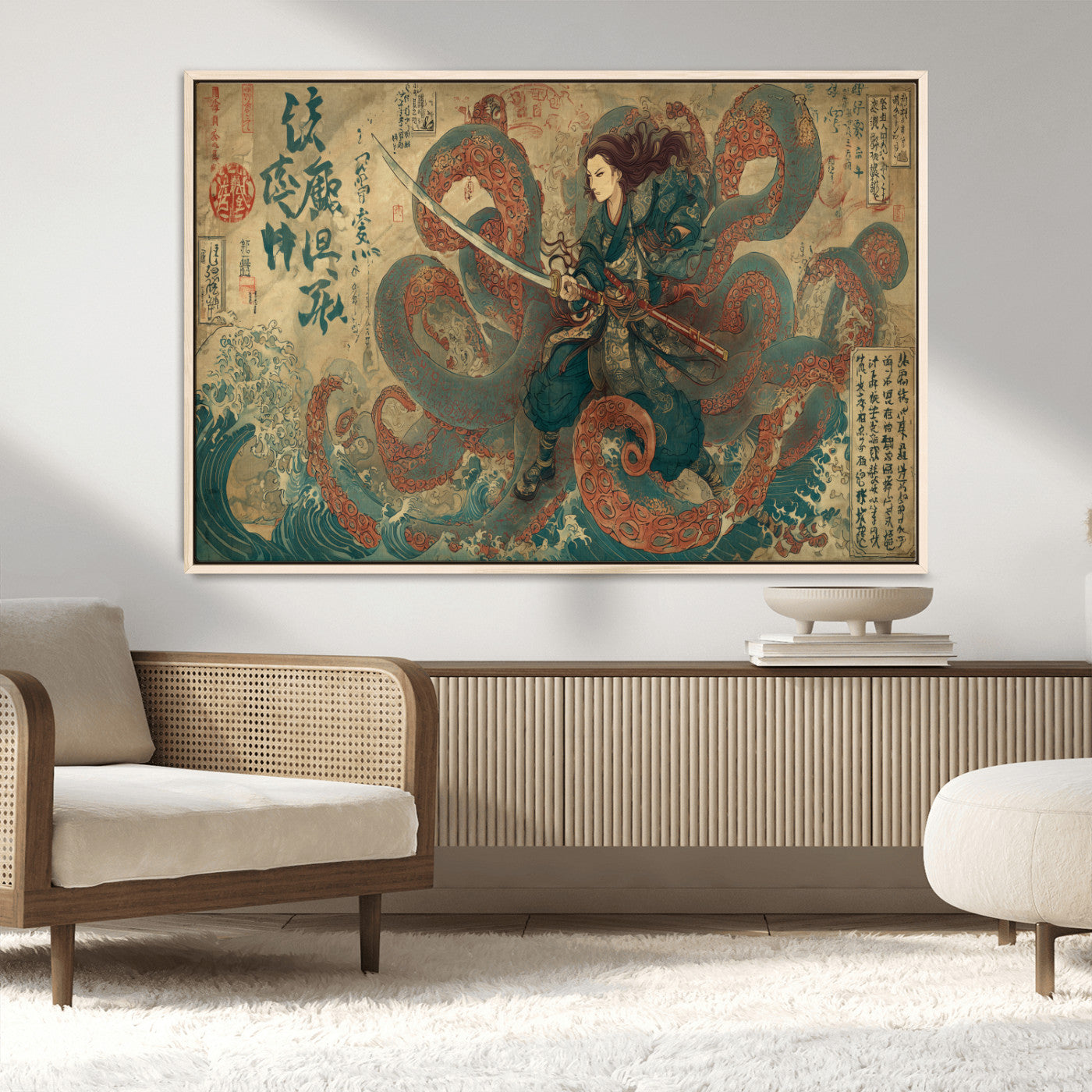 Tsukioka Yoshitoshi Samurai Wall Art Print, Japanese Katana Warrior Canvas Wall Art, Octopus Sea Monster Canvas Print,