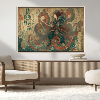 Tsukioka Yoshitoshi Samurai Wall Art Print, Japanese Katana Warrior Canvas Wall Art, Octopus Sea Monster Canvas Print,