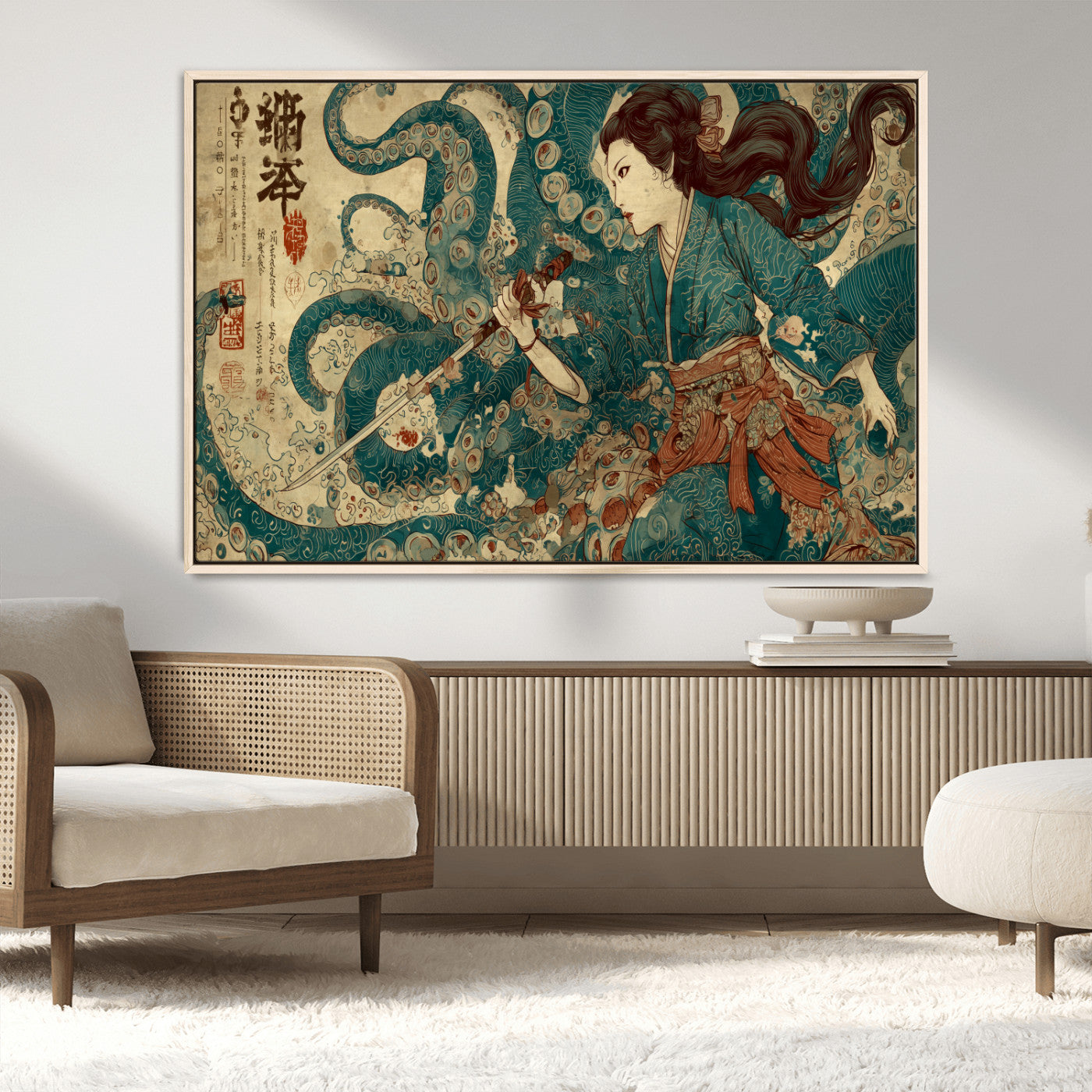 Tsukioka Yoshitoshi Samurai Wall Art Print, Japanese Katana Warrior Canvas Wall Art, Octopus Sea Monster Canvas Print,