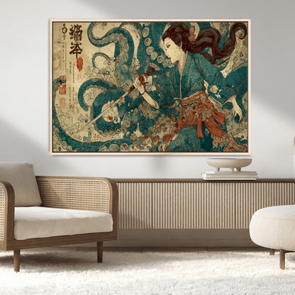Tsukioka Yoshitoshi Samurai Wall Art Print, Japanese Katana Warrior Canvas Wall Art, Octopus Sea Monster Canvas Print,