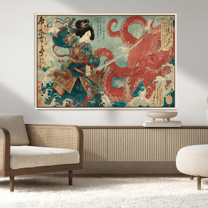 Tsukioka Yoshitoshi Samurai Wall Art Print, Japanese Katana Warrior Canvas Wall Art, Octopus Sea Monster Canvas Print,