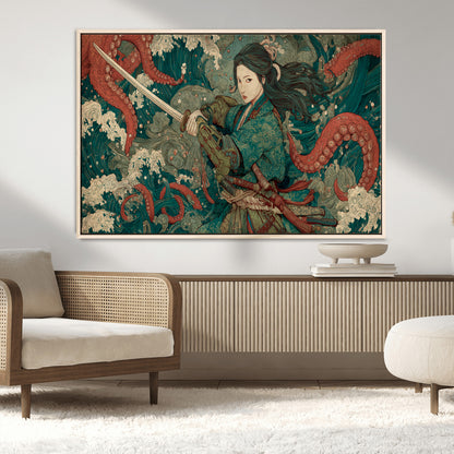 Tsukioka Yoshitoshi Samurai Wall Art Print, Japanese Katana Warrior Canvas Wall Art, Octopus Sea Monster Canvas Print,