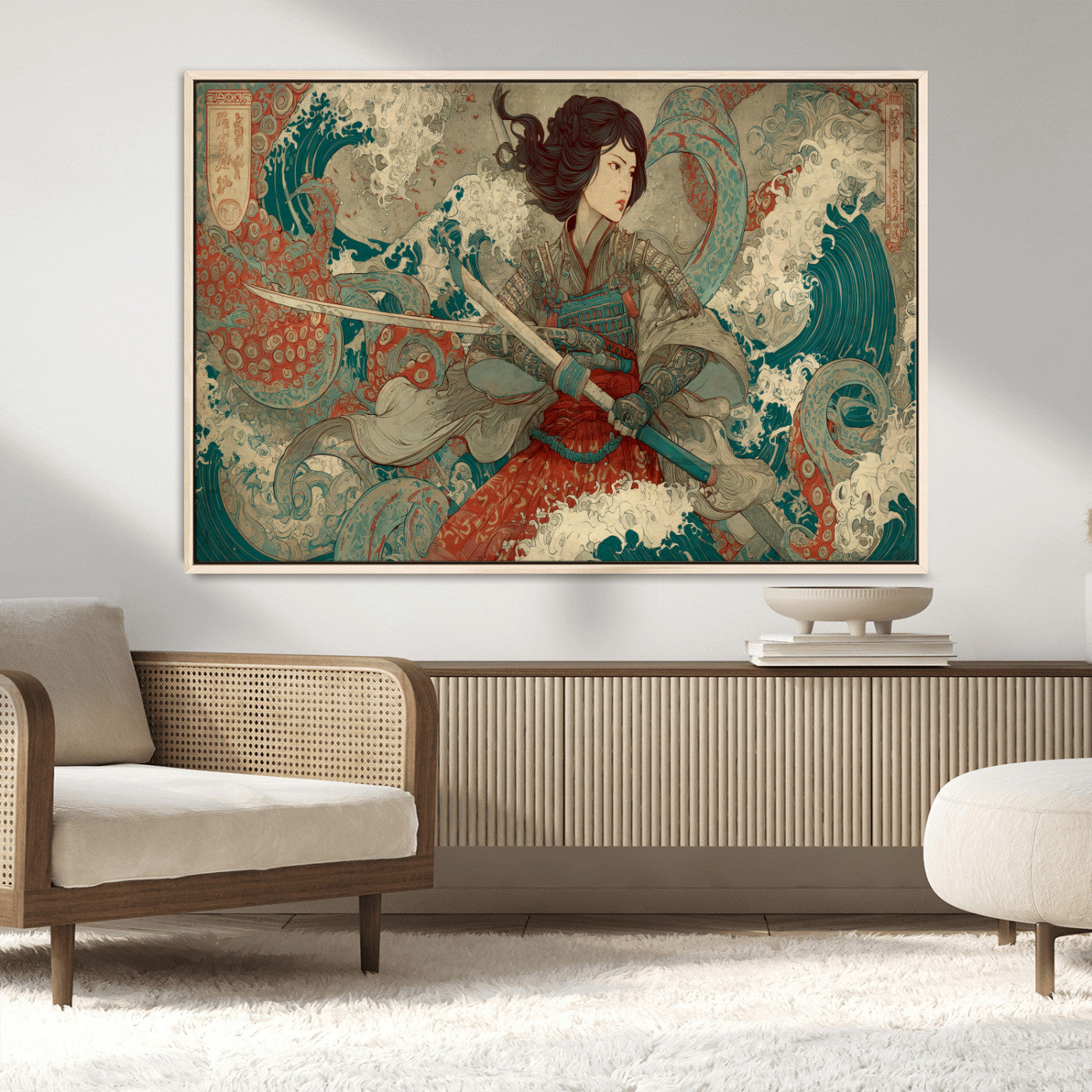 Tsukioka Yoshitoshi Samurai Wall Art Print, Japanese Katana Warrior Canvas Wall Art, Octopus Sea Monster Canvas Print,