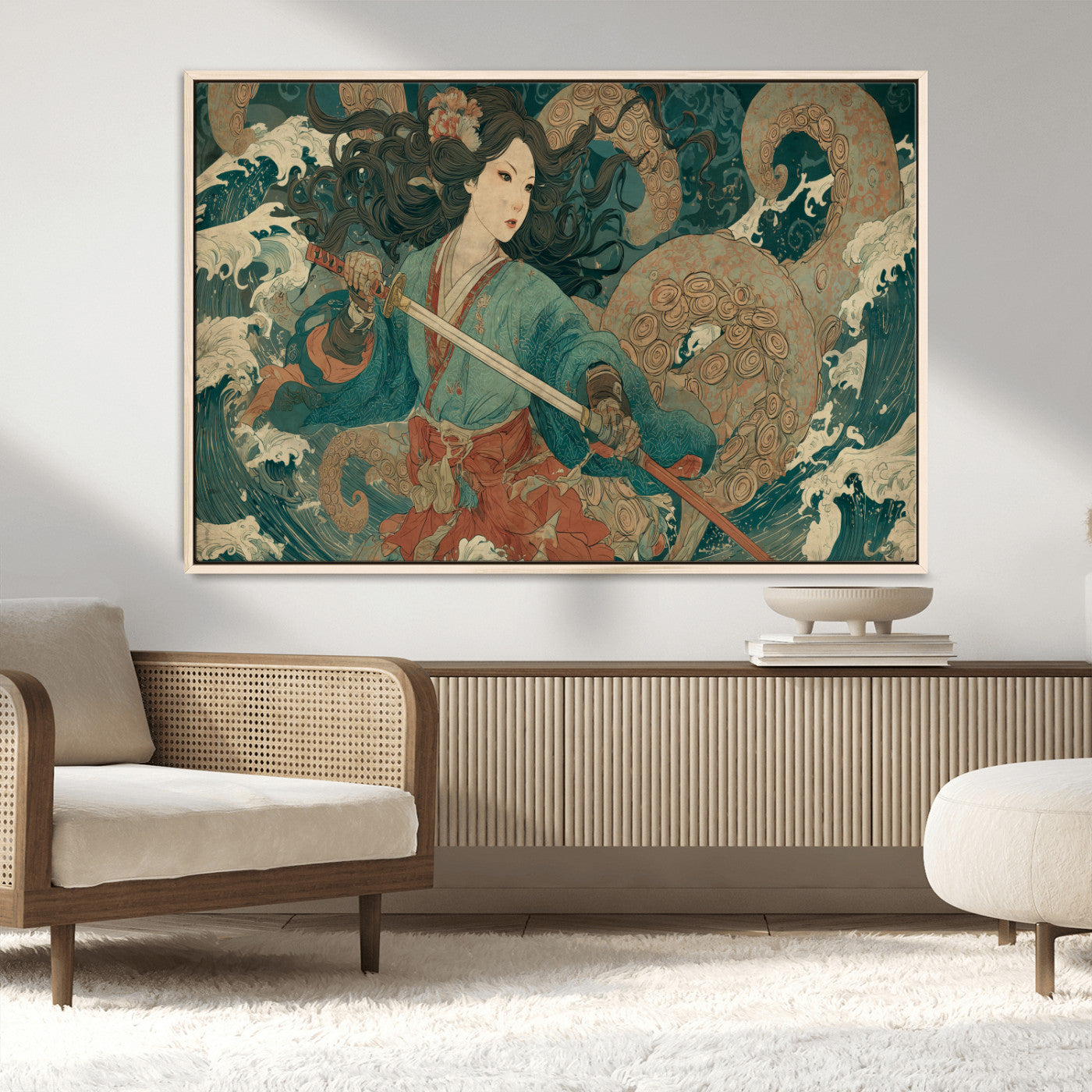 Tsukioka Yoshitoshi Samurai Wall Art Print, Japanese Katana Warrior Canvas Wall Art, Octopus Sea Monster Canvas Print,