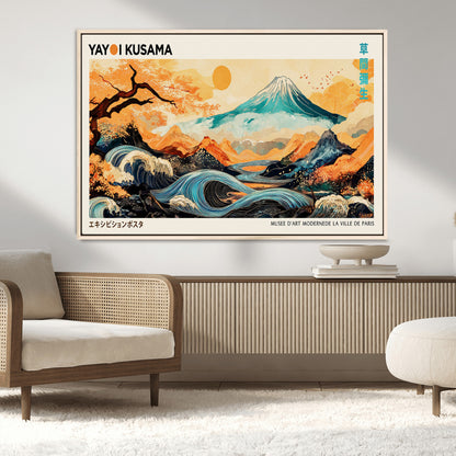 Modern Japanese-style art print featuring a stylized Mount Fuji, flowing waves, and vibrant landscapes in bold colors, inspired by traditional and contemporary aesthetics.