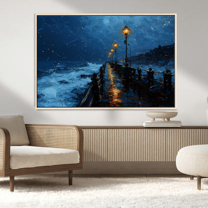 "Impressionistic painting of a rainy pier at night with glowing street lamps reflecting on the wet surface, ocean waves crashing under a dark blue sky."