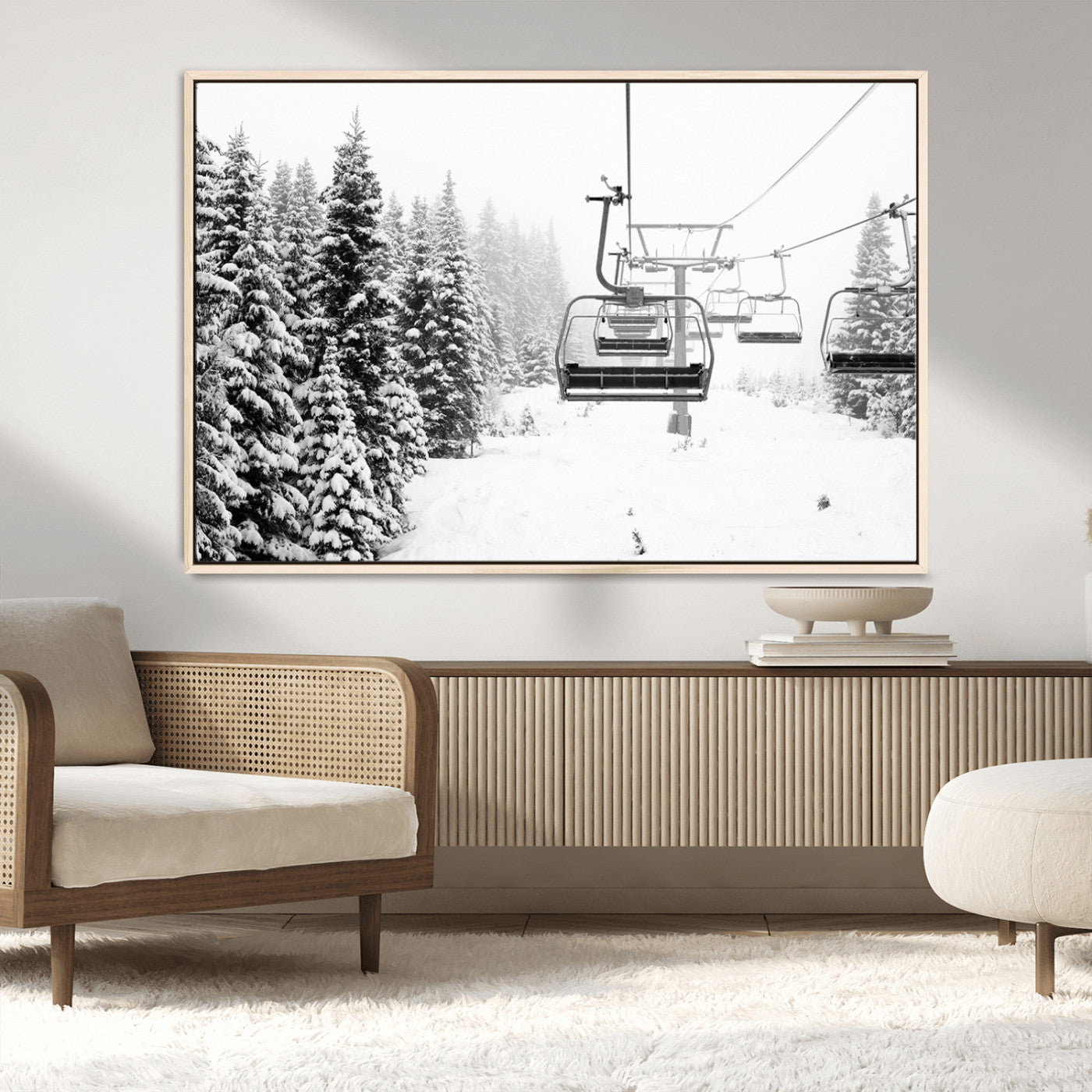Black and white canvas of empty ski lifts over a snowy pine forest, perfect for minimal winter or ski lodge-inspired decor.