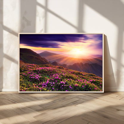 -Mountain Sunrise Wall Art – Vibrant Floral Landscape Canvas Print, Nature Home Decor for Living Room, Bedroom Office or Cabin