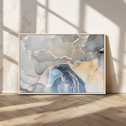 -Abstract Fluid Art Wall Decor – Blue, Gray & Gold Canvas Print, Modern Home and Office Wall Art Decor for Living Room, Bedroom or Workspace