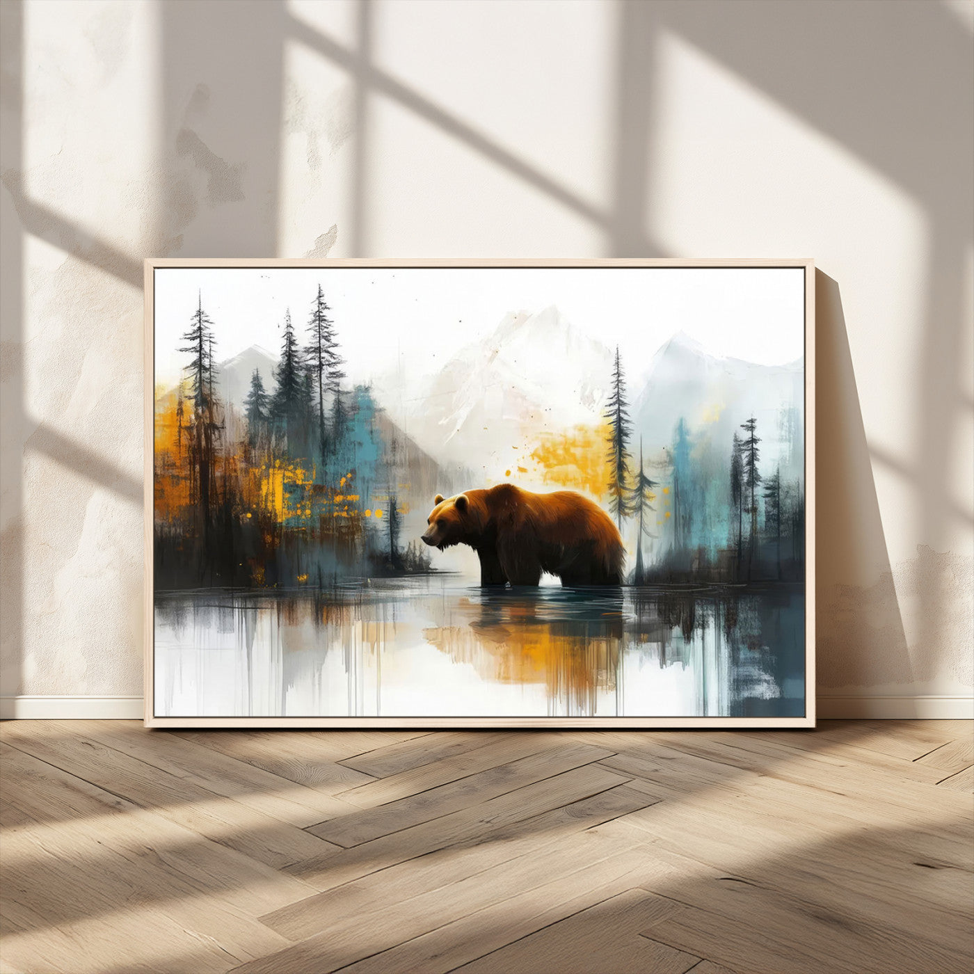 A majestic bear stands by the serene waters of a misty forest, surrounded by towering trees and distant mountains, evoking the raw beauty and wild spirit of nature.