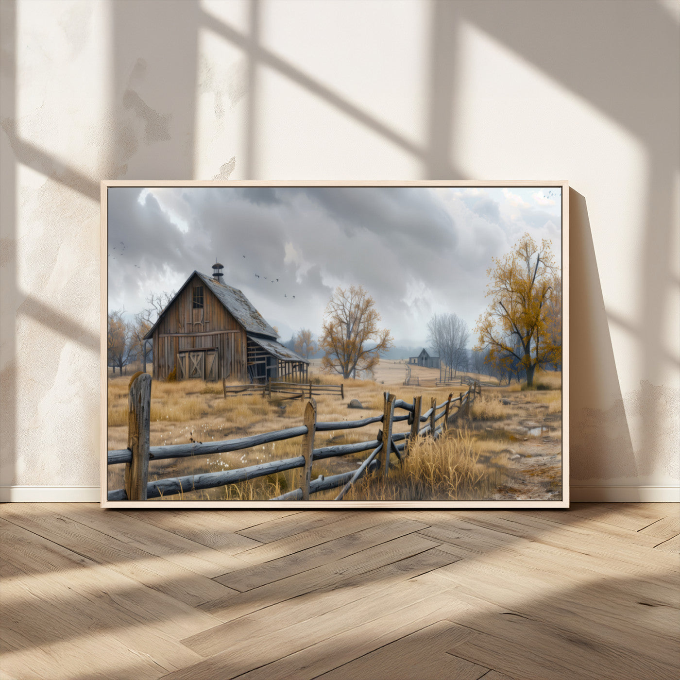 A tranquil rural scene featuring a rustic barn, overcast skies, and golden fields with scattered trees, evoking a sense of peaceful solitude in nature.
