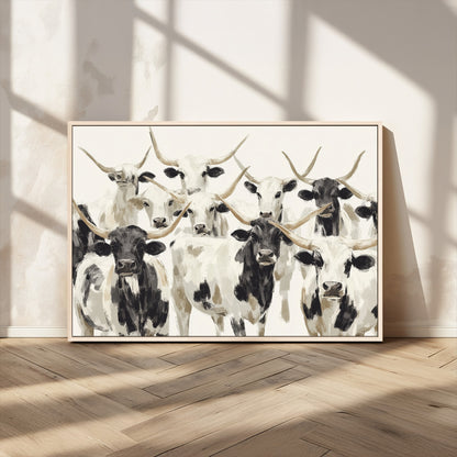 Canvas of a Texas Longhorn cattle herd in neutral black and white tones, ideal for rustic farmhouse or western-themed decor.