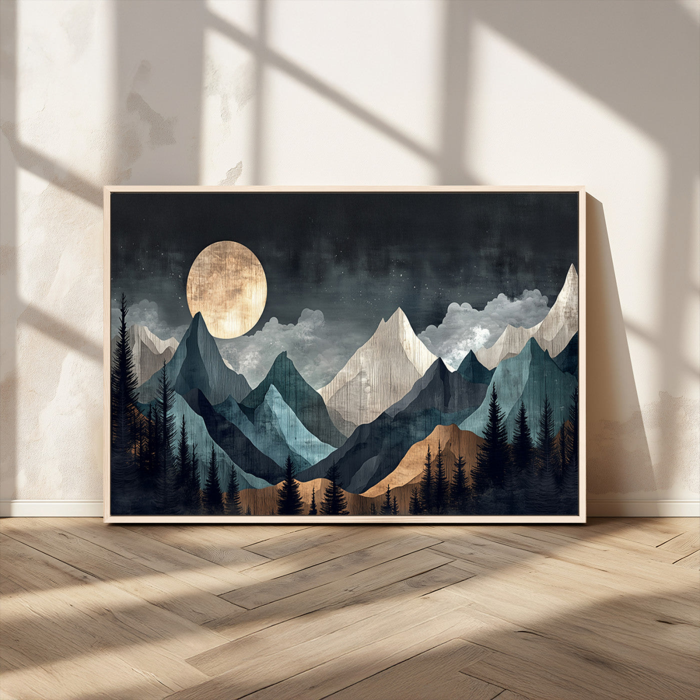 Stylized canvas of layered mountains under a full moon in neutral moody tones, ideal for nature-inspired or modern rustic interiors.