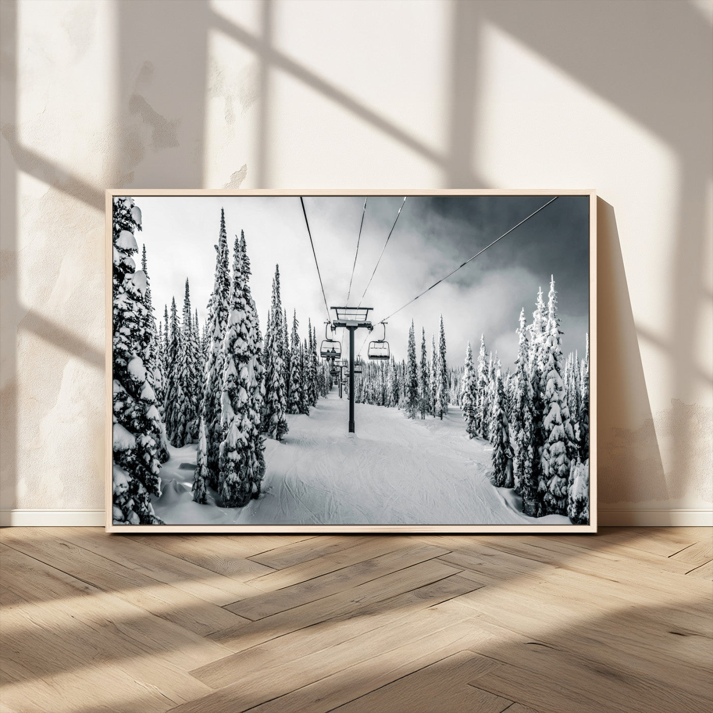 Canvas of a snowy ski lift scene through a forest of tall pine trees, ideal for moody winter or alpine-themed home decor.