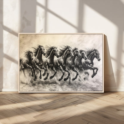 Monochrome drawing of a herd of galloping horses, perfect for dynamic and wild-themed decor in any equestrian or nature-inspired room.