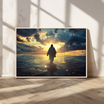 Spiritual artwork of Jesus walking on water at golden hour with divine light, ideal for Christian home decor or prayer room.