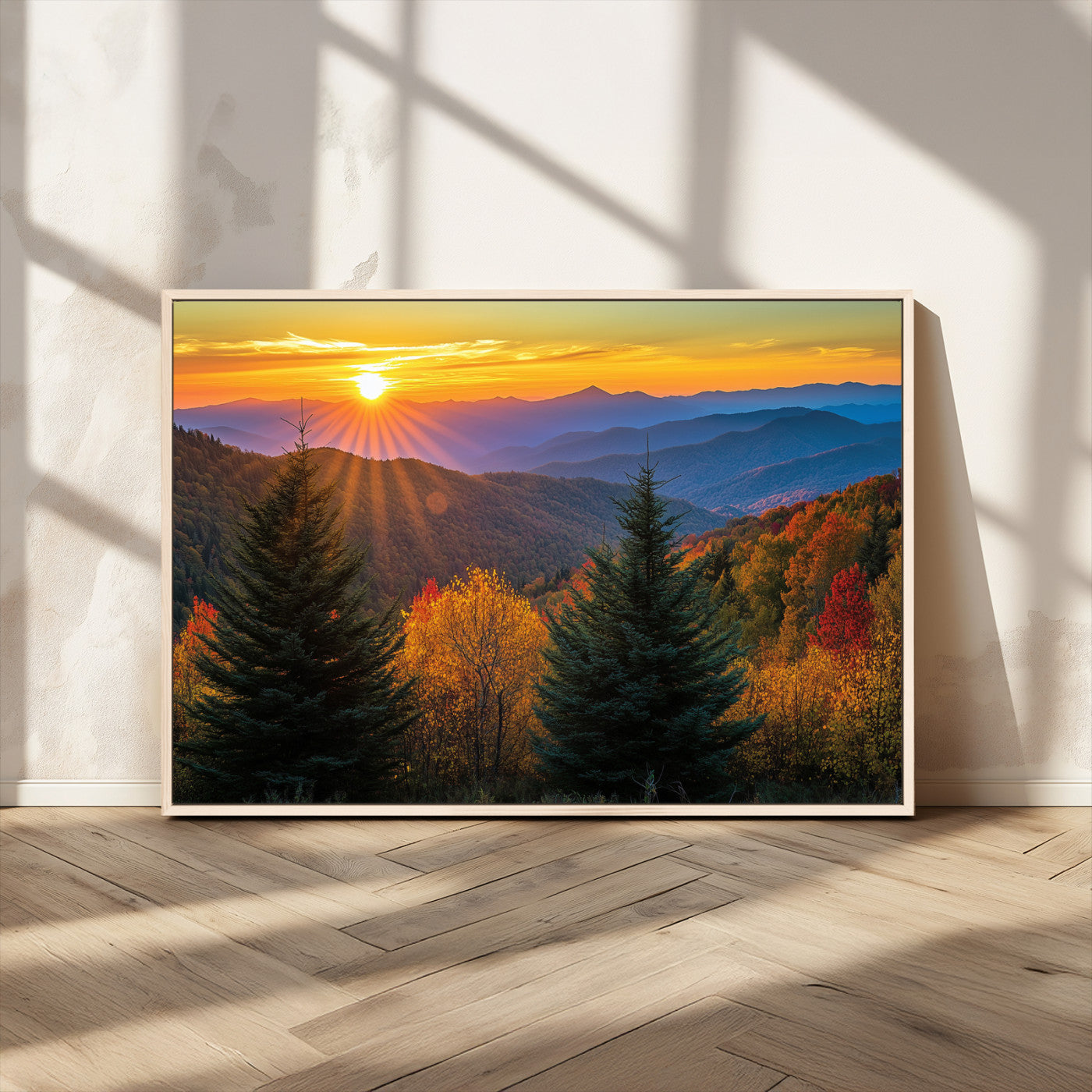 Vibrant sunset over autumn mountains with colorful trees and warm light, ideal for nature lovers or cabin-style wall decor.