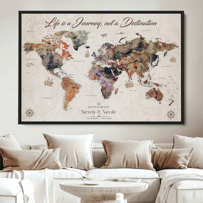 96000140-MGV-CV-36X24-Custom Push Pin World Map Wall Canvas Print – Personalized Travel Tracker with Pins – Framed Large Multi-Size Canvas for Home Office Decor