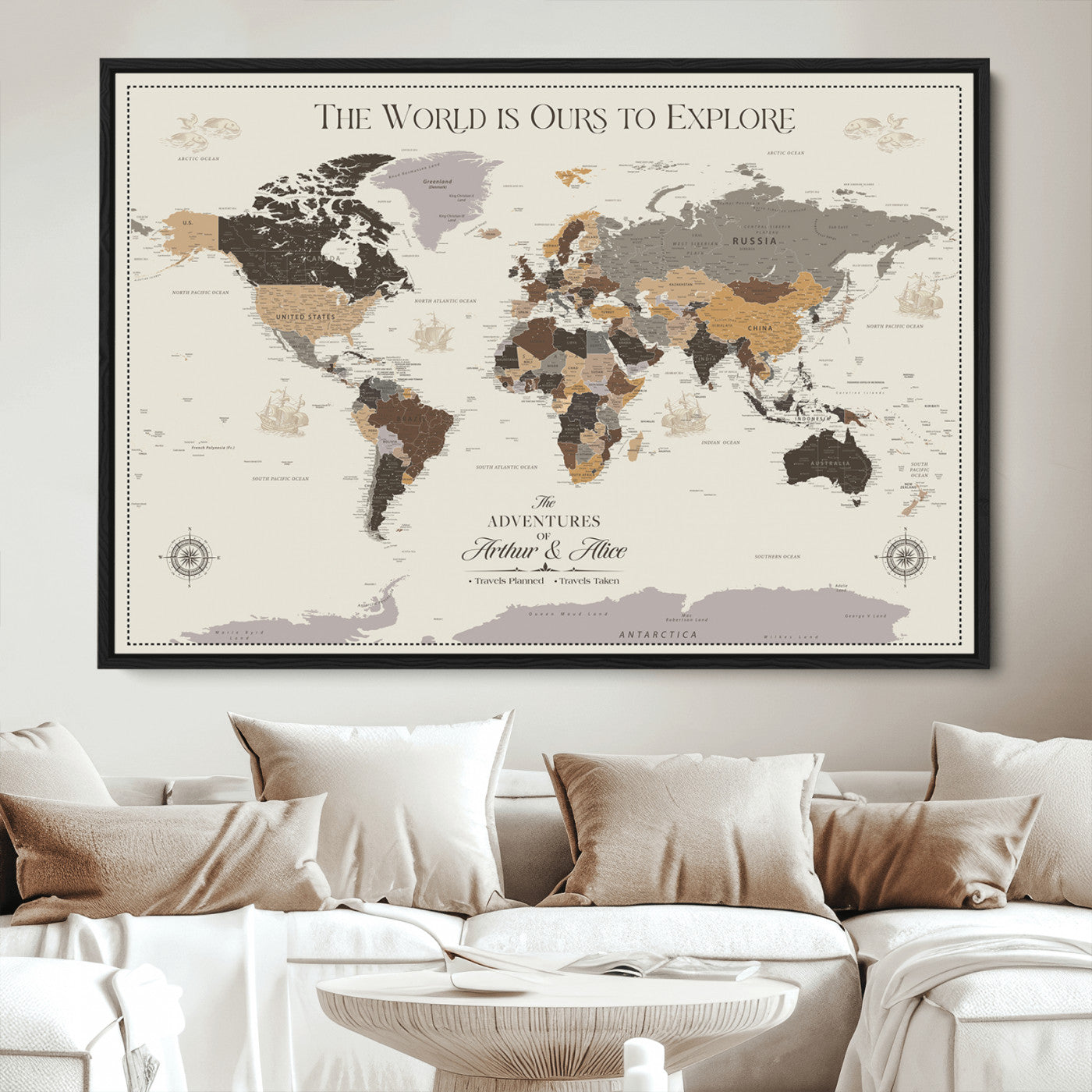 80998319-MGV-CV-36X24-Personalize World Map Push Pin Wall Canvas Print – Personalized Travel Tracker with Pins – Framed Large Multi-Size Canvas for Home Office Decor