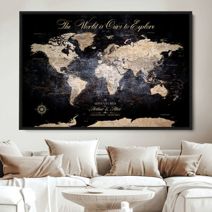 '-Customize Push Pin World Map Wall Canvas Print, Personalized Travel Tracker with Pins, Framed Large Canvas for Home Office Decor - H37