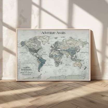 Customize Push Pin World Map Wall Canvas Print – Personalized Travel Tracker with Pins – Framed Custom Quotie Canvas for Home Office Decor