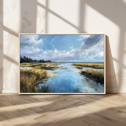 A beautiful, painterly landscape of a calm river winding through a marsh, with vibrant green grasses and a bright blue sky filled with fluffy clouds.