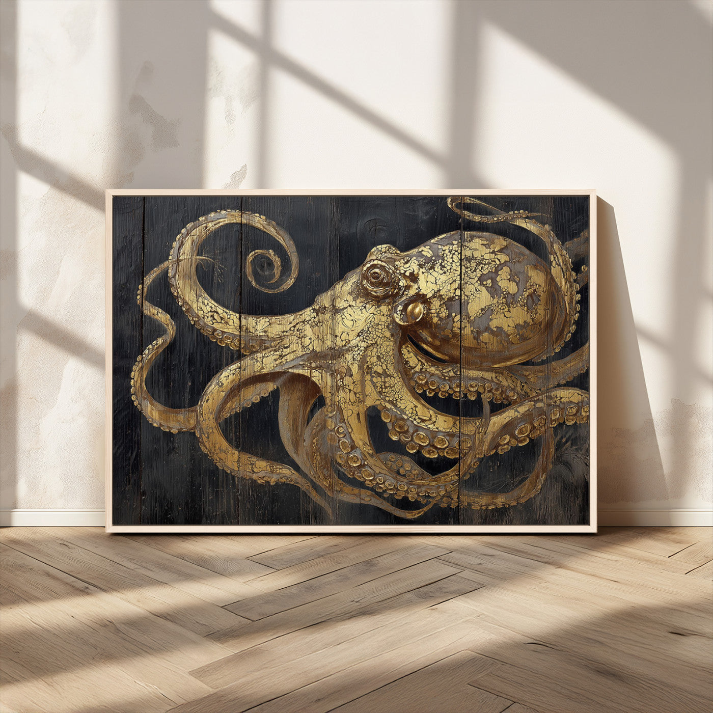 A detailed gold illustration of an octopus on black wooden planks, showing its intricate tentacles and textured skin in an artistic style.