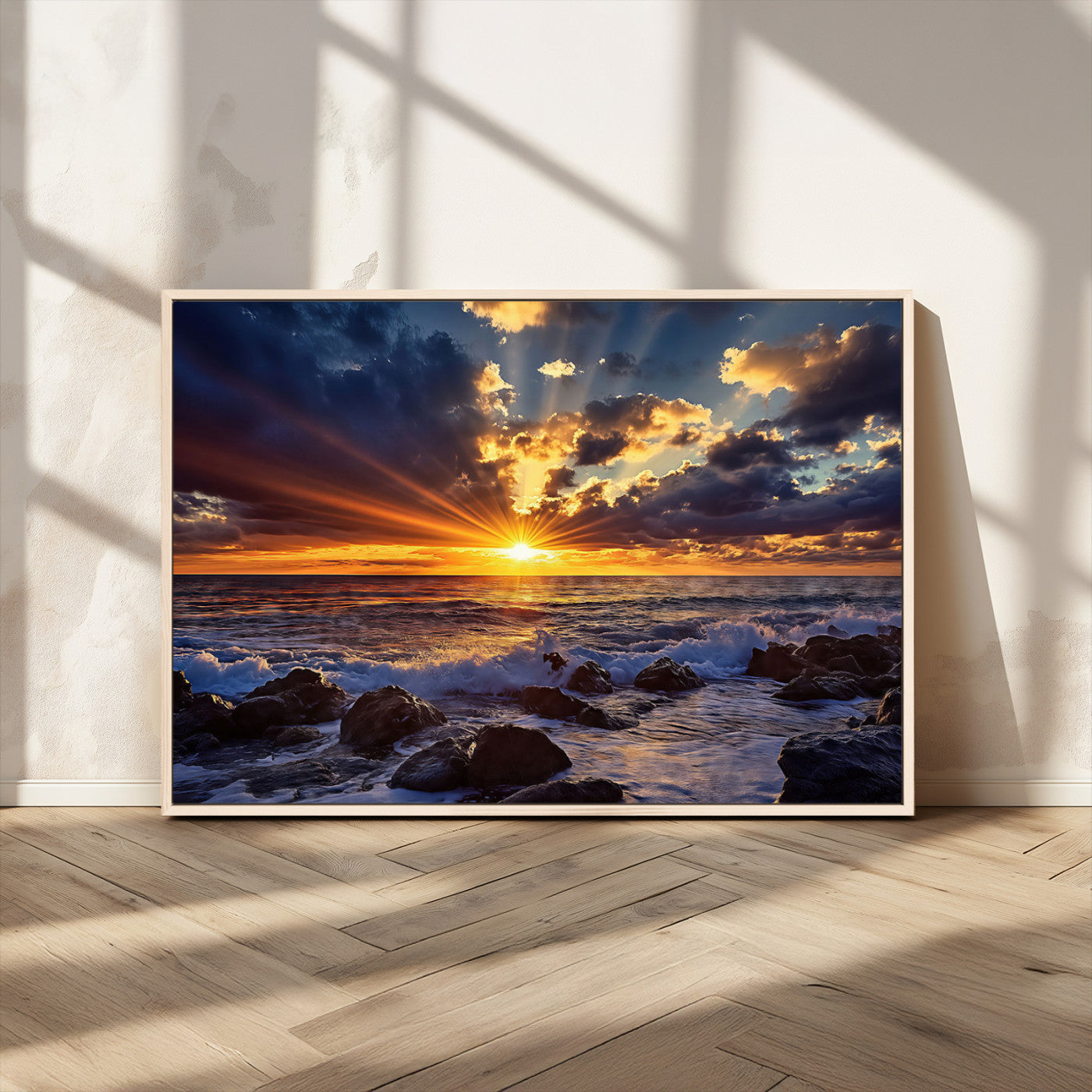 An explosive sunset over the ocean with dramatic clouds and rays of sunlight reflecting off the water, creating a vibrant and captivating view.