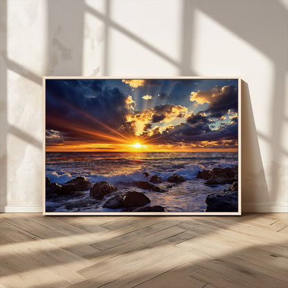 An explosive sunset over the ocean with dramatic clouds and rays of sunlight reflecting off the water, creating a vibrant and captivating view.
