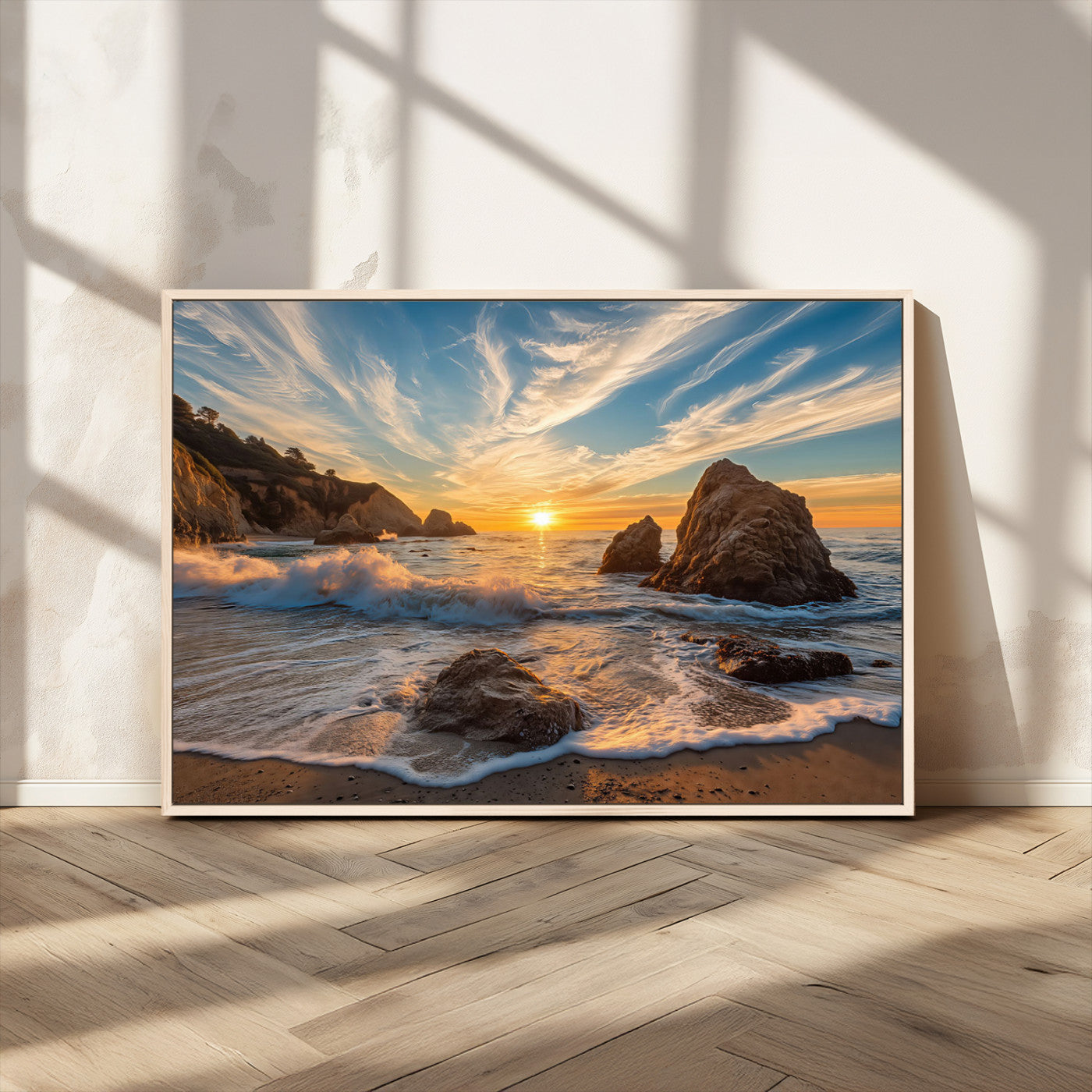 Rocky Ocean Sunset Wall Art Print, Seaside Canvas Wall Art, Dramatic Seascape Canvas Print for Coastal Modern Decor, Ocean Sunset Art Printing