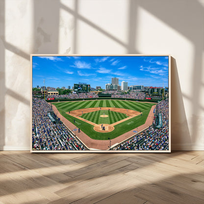 Wrigley Field Baseball Stadium Canvas Wall Art, Packed Crowd Sports Stadium Print, City Skyline Baseball Field Canvas for Game Room Decor