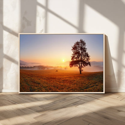 A tranquil landscape at sunrise with a mist-covered field and a lone tree, creating a peaceful and natural atmosphere.