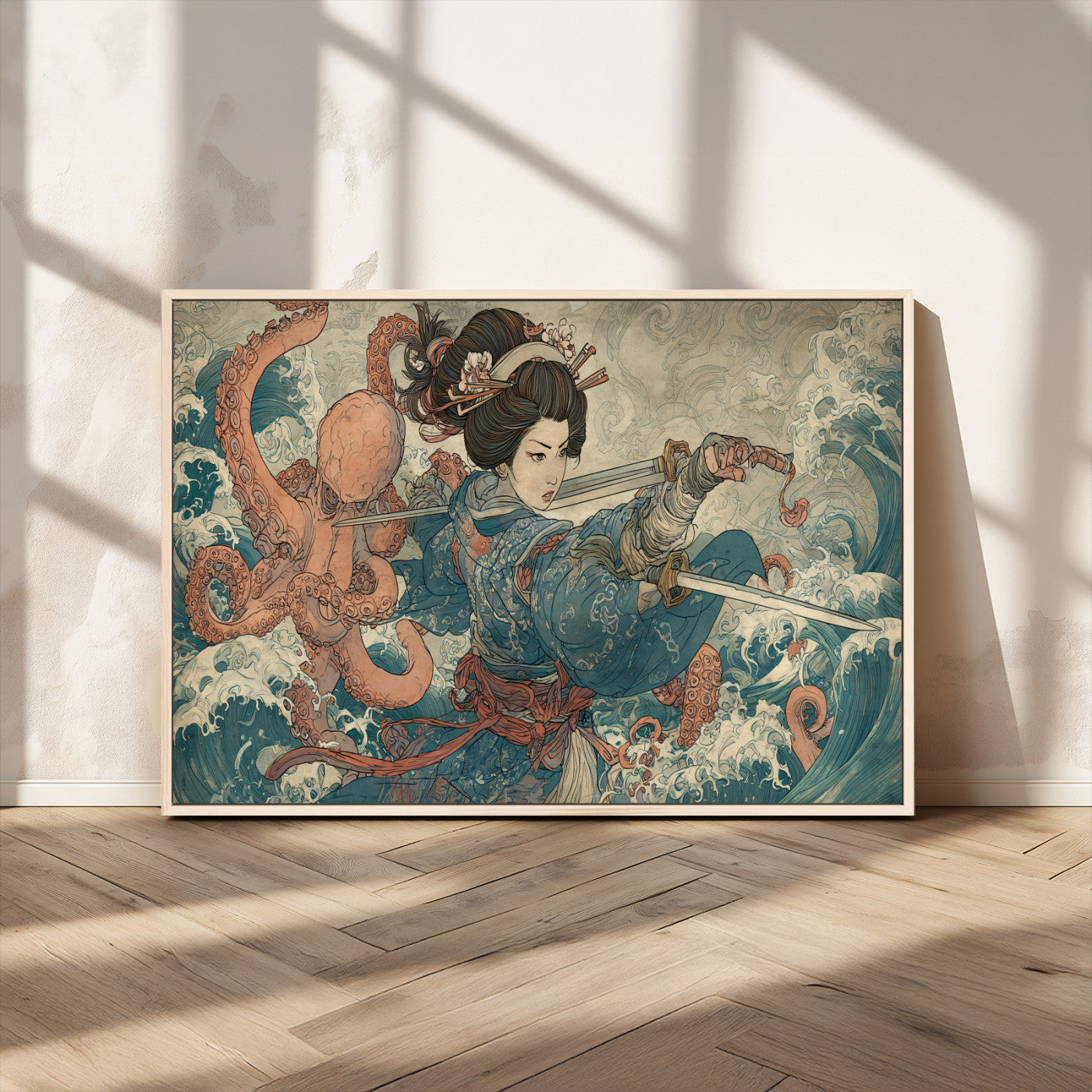 Tsukioka Yoshitoshi Samurai Wall Art Print, Japanese Katana Warrior Canvas Wall Art, Octopus Sea Monster Canvas Print,
