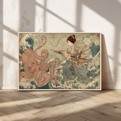 Tsukioka Yoshitoshi Samurai Wall Art Print, Japanese Katana Warrior Canvas Wall Art, Octopus Sea Monster Canvas Print,
