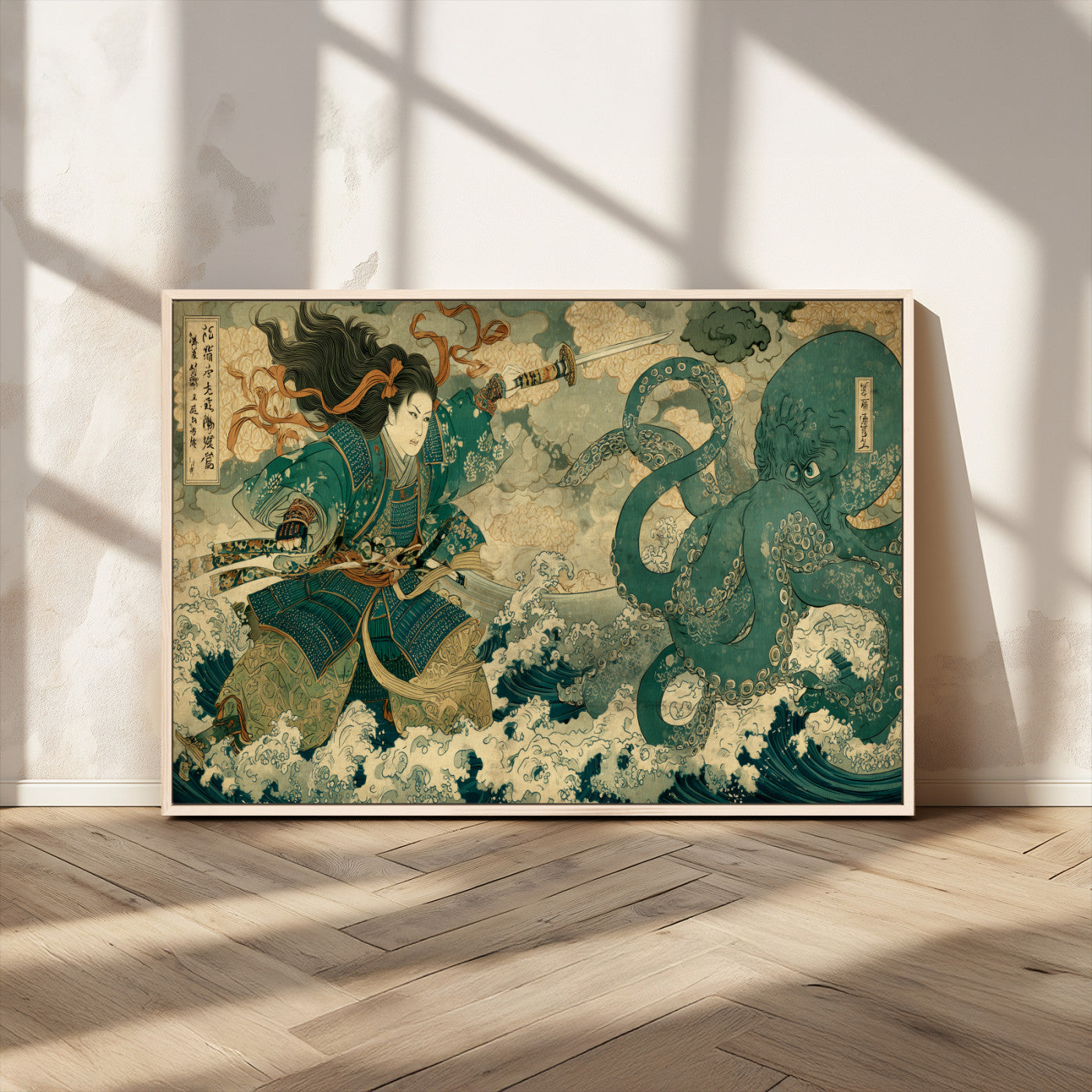 Tsukioka Yoshitoshi Samurai Wall Art Print, Japanese Katana Warrior Canvas Wall Art, Octopus Sea Monster Canvas Print,