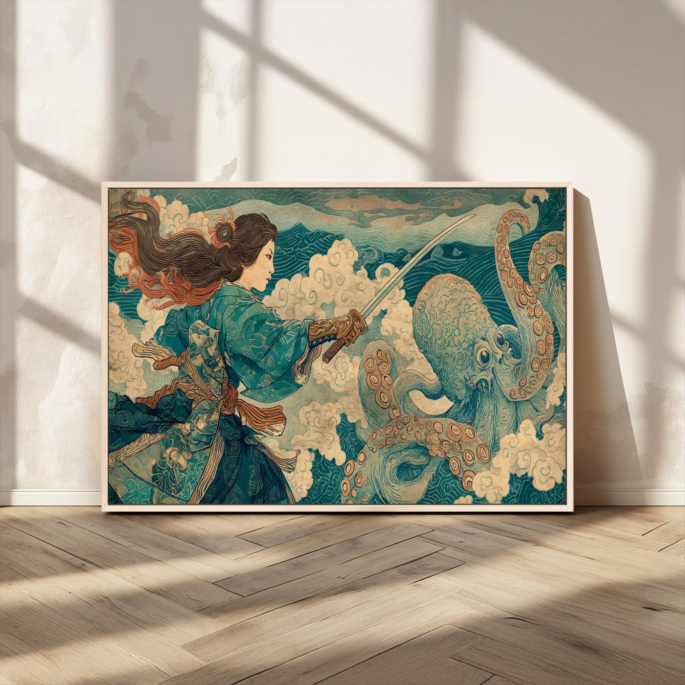 Tsukioka Yoshitoshi Samurai Wall Art Print, Japanese Katana Warrior Canvas Wall Art, Octopus Sea Monster Canvas Print,