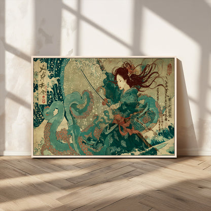 Tsukioka Yoshitoshi Samurai Wall Art Print, Japanese Katana Warrior Canvas Wall Art, Octopus Sea Monster Canvas Print,
